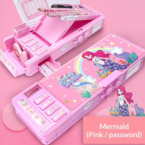 Cartoon Magnetic Pencil Case, Mermaid / Password / Pink