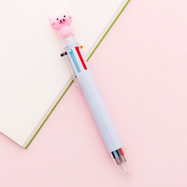 Kawaii Multicolor Ballpoint Pens 6-in-1, 🐷 Pig / Pale Blue