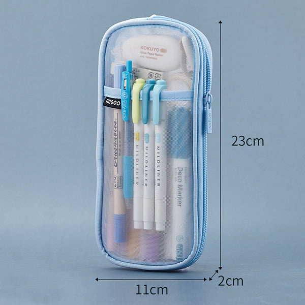Transparent Mesh Zipper Large Pencil Case, Blue