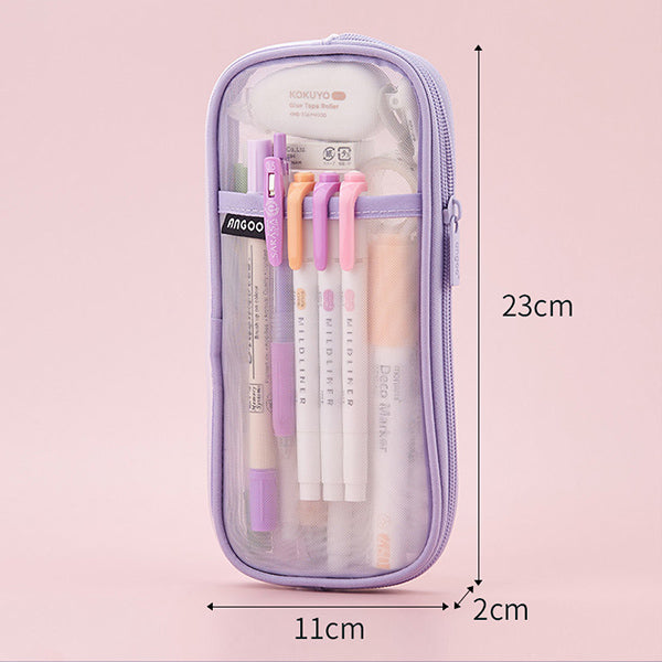 Transparent Mesh Zipper Large Pencil Case, Purple