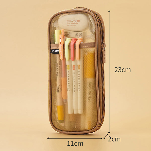 Transparent Mesh Zipper Large Pencil Case, Khaki