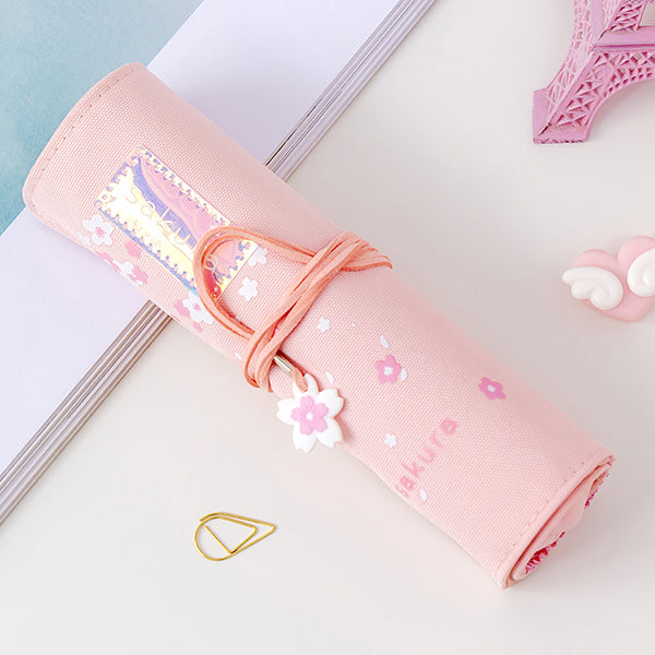 Sakura Holographic Canvas Roll Up Pencil Case, Light Pink