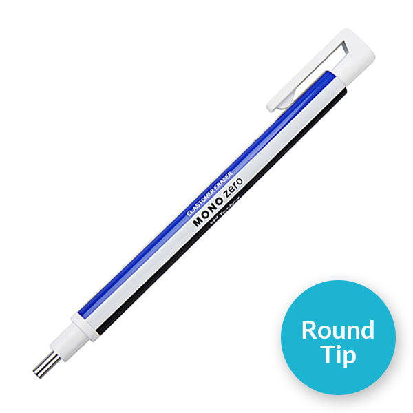 Tombow MONO zero Pinpoint Erasing Elastomer Eraser Rectangle, Round Tip and Refill, Blue & White, Round