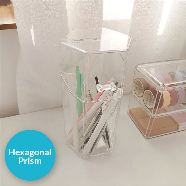 Transparent Desktop Pencil Cup with Lid, Hexagonal Prism