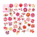 Rosy Sunglow pink and coral pressed flower stickers spread beside their pink hang-tab card box