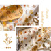 Autumn leaf stickers on a wooden tray and an open vintage book beside old scissors