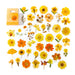 Golden Mantra yellow and orange flower stickers spread beside their orange hang-tab card box
