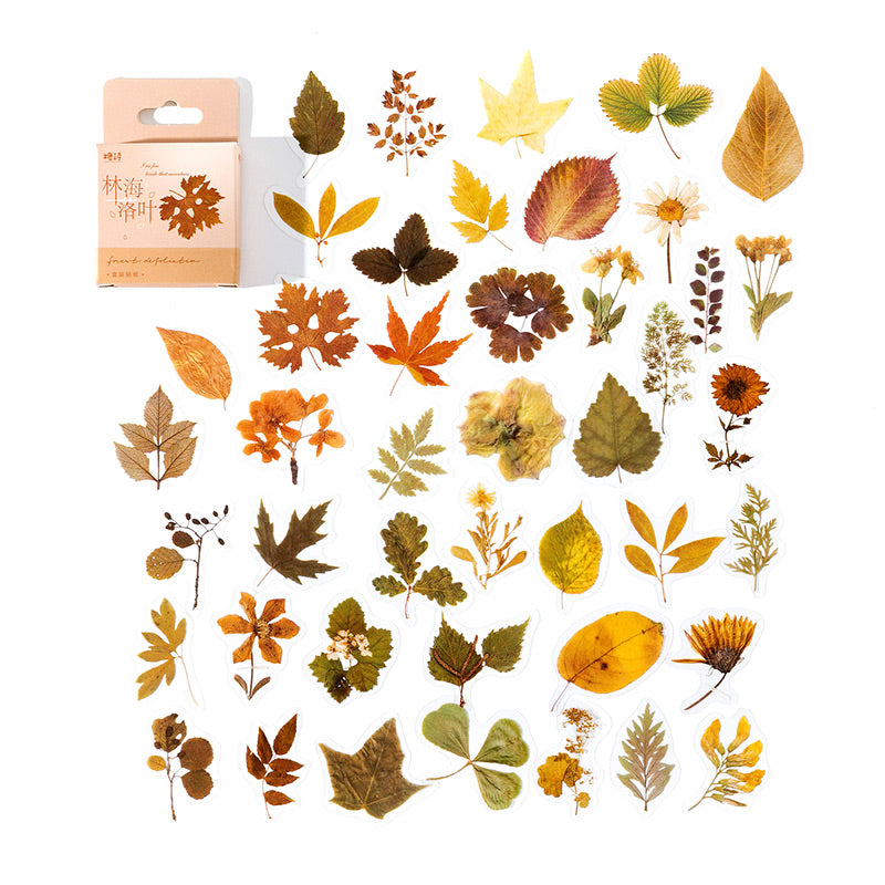 Forest Falling Leaves autumn brown and orange leaf stickers spread beside their tan hang-tab card box