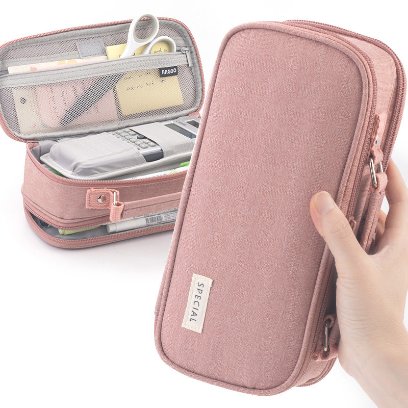 Extra-Large Multilayer Canvas Pencil Case Pouch, Pink