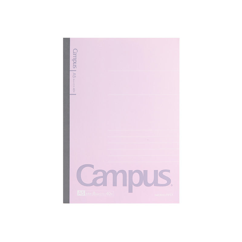 Pink Kokuyo Campus A5 notebook with grey spine tape, Campus logo, and 8mm ruling label on white.