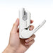 Hand holding a white stapleless stapler upright to show its compact size and raised lever