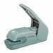 Blue green stapleless stapler with its lever raised and a darker teal paper guide at the front