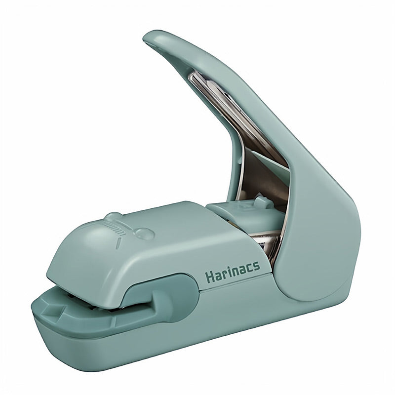 Blue green stapleless stapler with its lever raised and a darker teal paper guide at the front