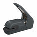 Sepia black stapleless stapler in dark slate grey with its lever raised and the Harinacs logo on the side
