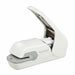 Pale white stapleless stapler with a grey paper guide and a silver lever mechanism, lever raised