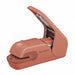 Salmon pink press-type stapleless stapler with its lever raised, seen from the front with the Harinacs logo