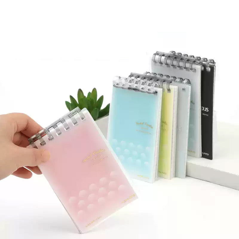 Pink, blue, and yellow memo pads displayed on a desk beside a plant