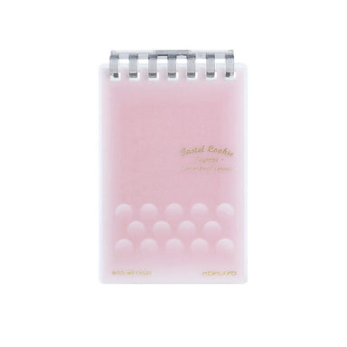 Pink A7 ring-bound memo pad with press-open binding and dot-embossed cover