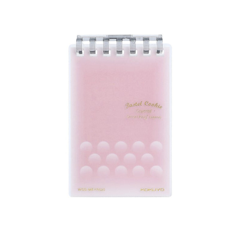 Pink A7 ring-bound memo pad with press-open binding and dot-embossed cover