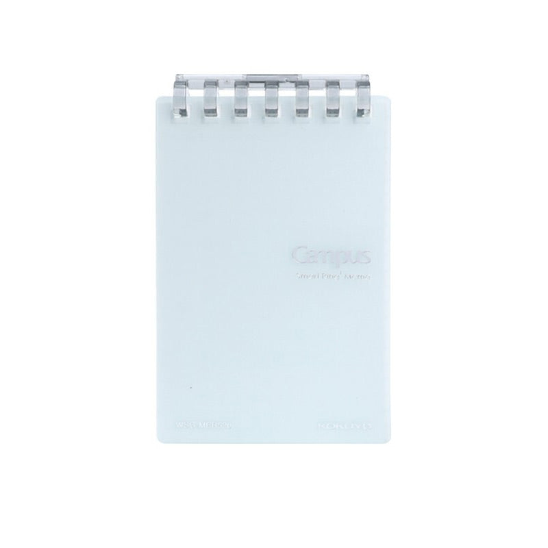Silver-tone A7 ring-bound notepad with matte plastic cover and metal spine