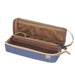 Open blue pencil case with a mesh pocket in the lid, a mesh flap and a brown-lined main tray, shown empty