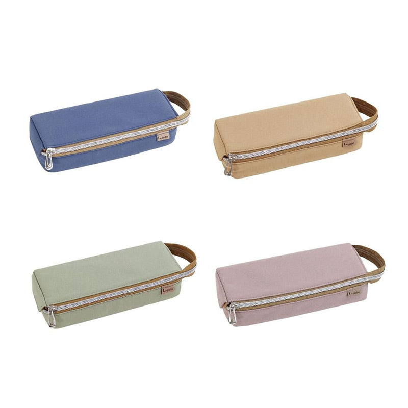 Four tray pen cases in blue, beige, sage green and dusty pink lined up in a two-by-two grid on white