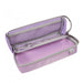 Open lilac purple tray pen case with a grey-trimmed mesh pocket in the lid, a small-item flap and an empty main tray
