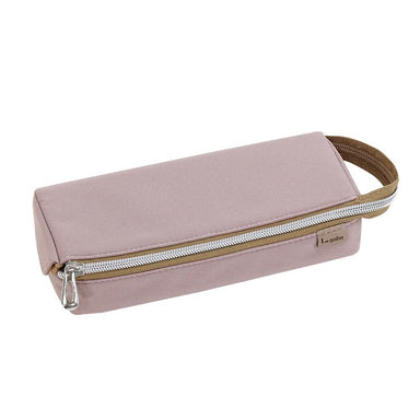 Dusty pink tray pen case with tan zipper tape, a silver zipper pull and a looped carry handle on a white background