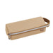 Beige tray pen case with tan zipper tape, a silver zipper pull and a looped carry handle on a white background