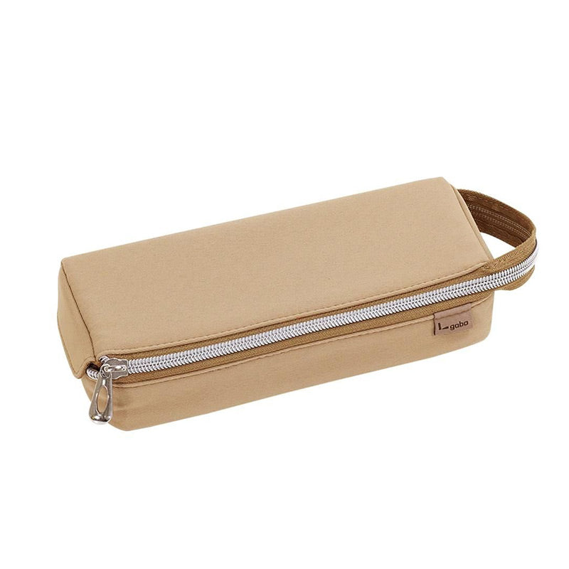 Beige tray pen case with tan zipper tape, a silver zipper pull and a looped carry handle on a white background