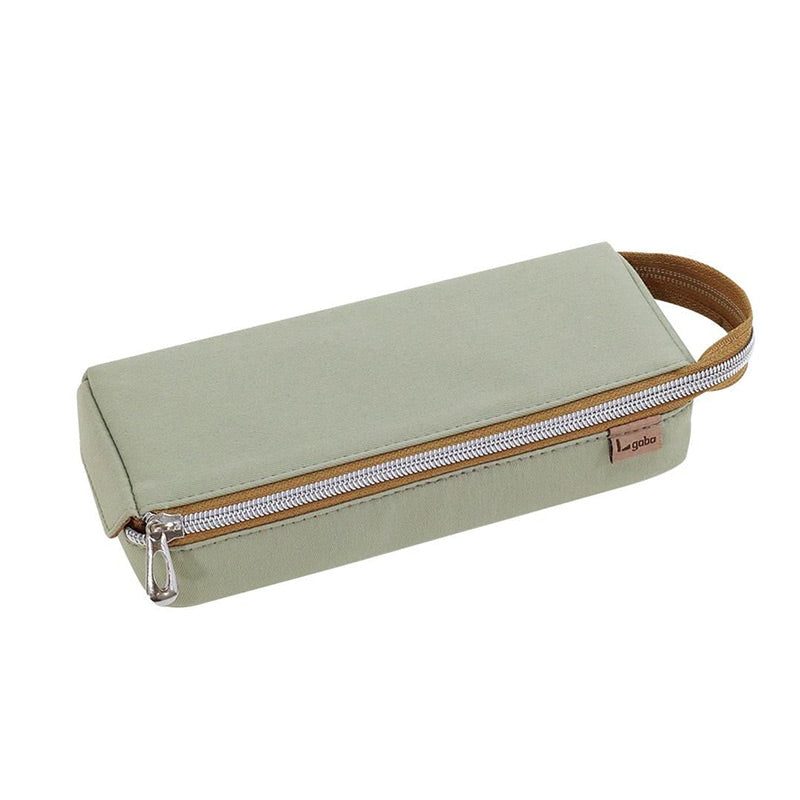 Sage green tray pen case with tan zipper tape, a silver zipper pull and a looped carry handle on a white background