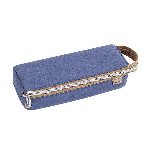 Slate blue tray pen case with tan zipper tape, a silver zipper pull and a looped carry handle on a white background