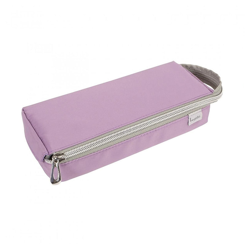 Lilac purple tray pen case with grey zipper tape, a silver zipper pull and a looped carry handle on a white background