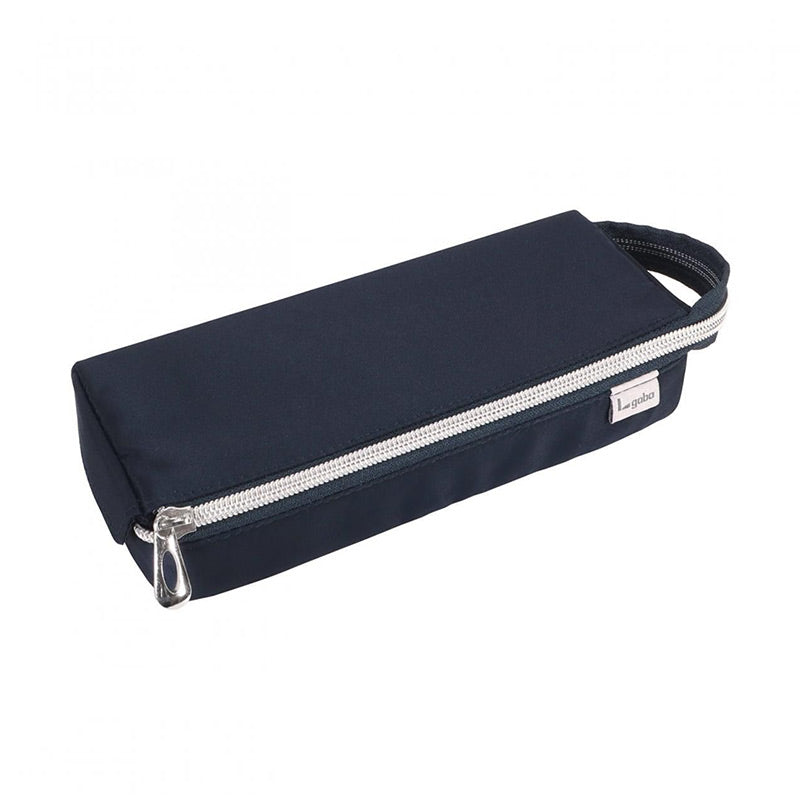 Blue black tray pen case with silver zipper teeth, a zipper pull and a looped carry handle on a white background