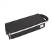 Black tray pen case with silver zipper teeth, a zipper pull and a looped carry handle on a white background