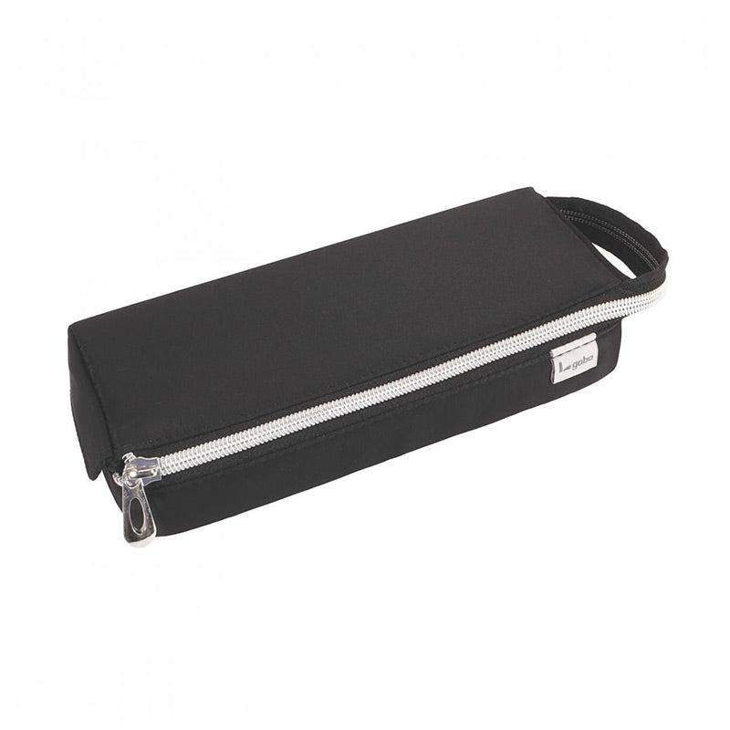 Black tray pen case with silver zipper teeth, a zipper pull and a looped carry handle on a white background