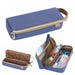 Blue tray pen case closed, beside an open view and a loaded view with scissors, pens, a ruler and index tabs
