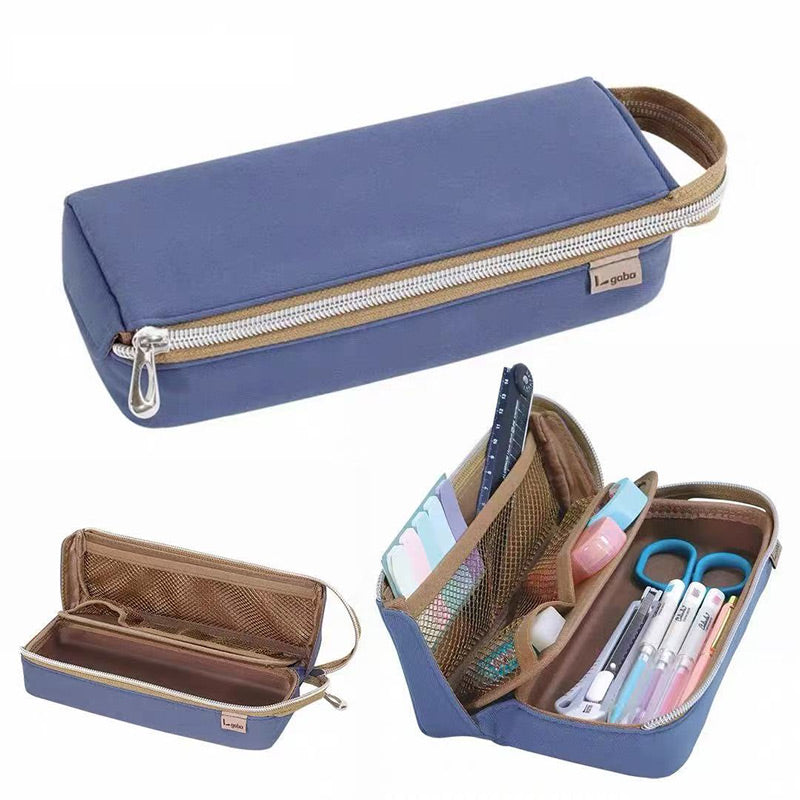 Blue tray pen case closed, beside an open view and a loaded view with scissors, pens, a ruler and index tabs