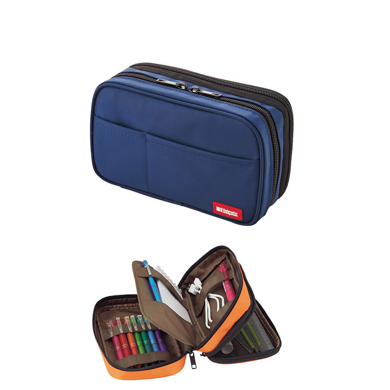 Deep Blue LIHIT LAB Double Zippers case closed; open orange interior with pens and cable organizers.