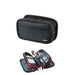 Black LIHIT LAB Triple Zippers case closed and open with grey lining, pens, cables and red piping.