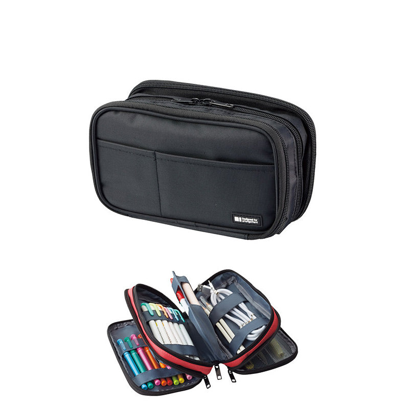 Black LIHIT LAB Triple Zippers case closed and open with grey lining, pens, cables and red piping.