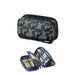 Navy camo LIHIT LAB Double Zippers case closed; open blue case demo with pens and cable straps.