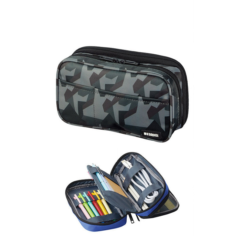 Navy camo LIHIT LAB Double Zippers case closed; open blue case demo with pens and cable straps.