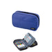 Blue LIHIT LAB Single Zipper case closed with front pockets and open flat holding colorful pens.