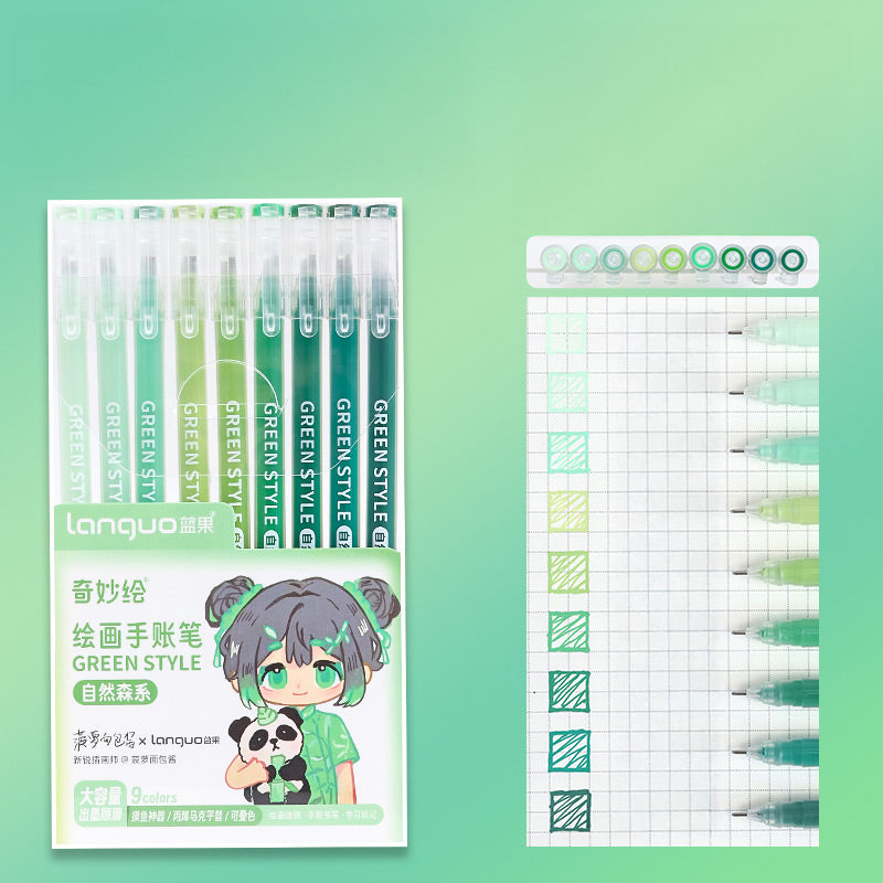 Languo Morandi Multiple Color 0.5mm Gel Pen 6 / 9 Pcs Set, Green, Gel Pen