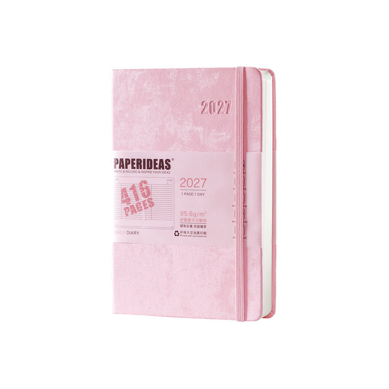 Pink A5 PAPERIDEAS 2027 hardcover daily diary with velvet-look cover, elastic band and 416 pages belly band.