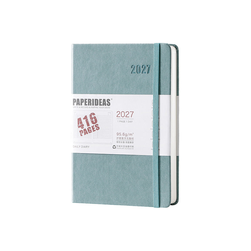 Smoke blue A5 PAPERIDEAS 2027 hardcover daily diary with elastic band and 416 pages belly band.