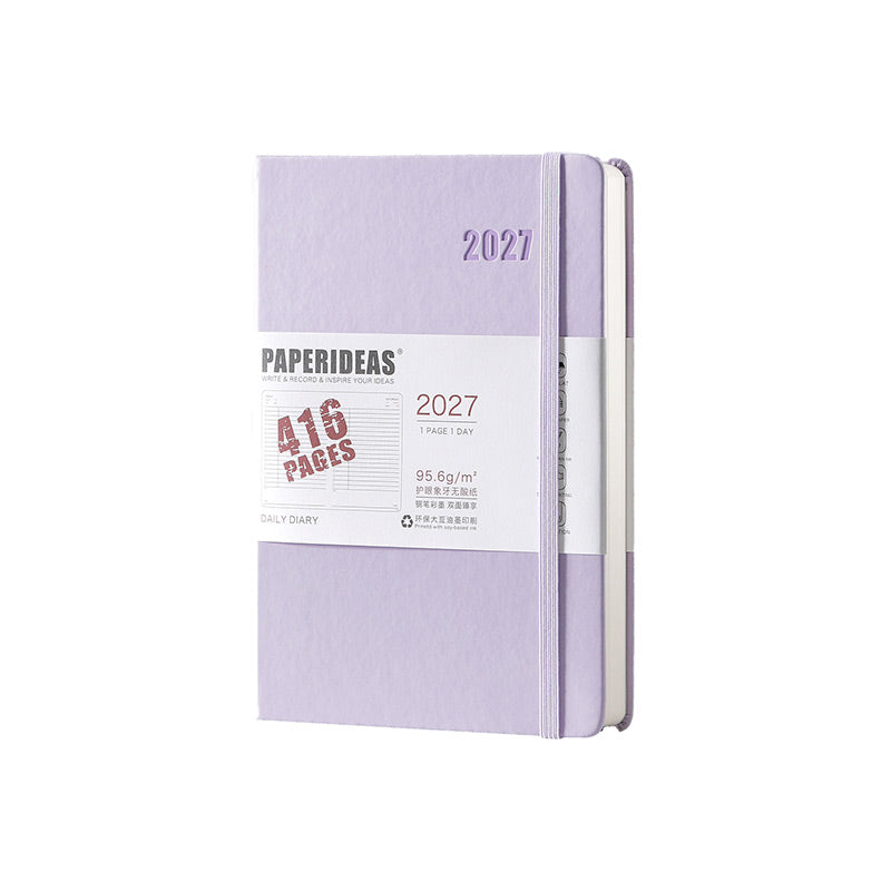 Pale purple A5 PAPERIDEAS 2027 hardcover daily diary with elastic band and 416 pages belly band.