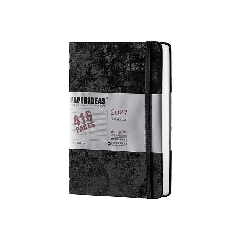 Black A5 PAPERIDEAS 2027 hardcover daily diary with velvet-look cover, elastic band and 416 pages belly band.