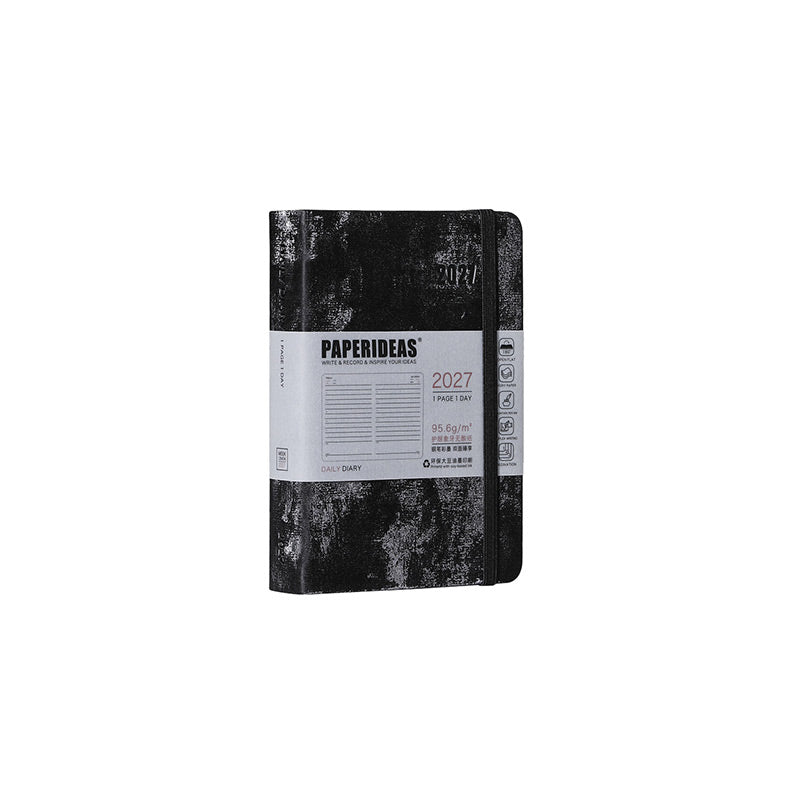 Black A6 PAPERIDEAS 2027 pocket hardcover daily diary with velvet-look cover, elastic band and 1 page 1 day belly band.